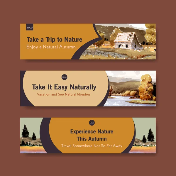 Pazarlama ve broşür için sonbahar tasarımlı sancak şablonu. Sonbahar mevsimleri suluboya vektör çizimi