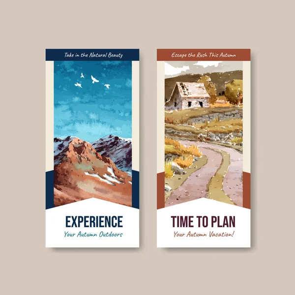 Broşür ve broşür için sonbahar tasarımı peyzajlı el ilanı şablonu. Sonbahar mevsimleri suluboya vektör çizimi