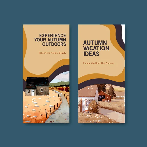 Broşür ve broşür için sonbahar tasarımı peyzajlı el ilanı şablonu. Sonbahar mevsimleri suluboya vektör çizimi