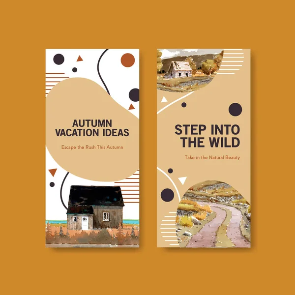 Broşür ve broşür için sonbahar tasarımı peyzajlı el ilanı şablonu. Sonbahar mevsimleri suluboya vektör çizimi