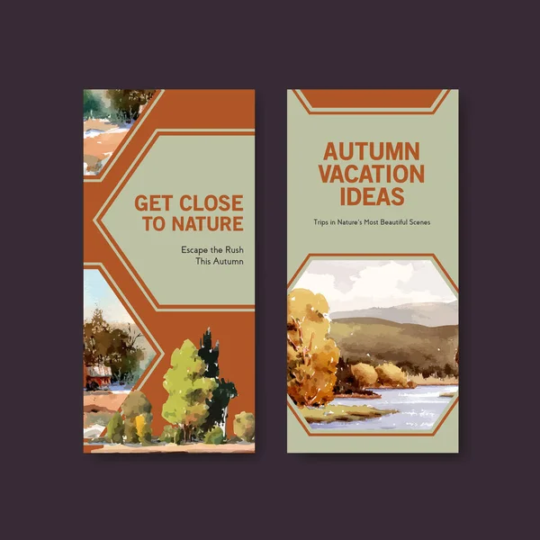 Broşür ve broşür için sonbahar tasarımı peyzajlı el ilanı şablonu. Sonbahar mevsimleri suluboya vektör çizimi