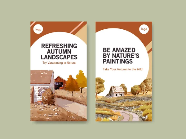 Dijital pazarlama ve sosyal medya için sonbahar tasarımında manzara ile Instagram şablonu. Sonbahar mevsimleri suluboya vektör çizimi