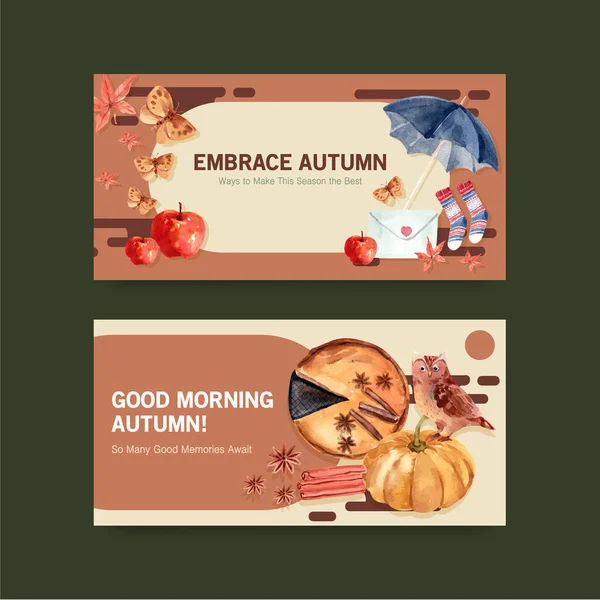 Çevrimiçi topluluk ve sosyal medya suluboya vektör illüstrasyonu için sonbahar günlük konsept tasarımı ile Twitter şablonu