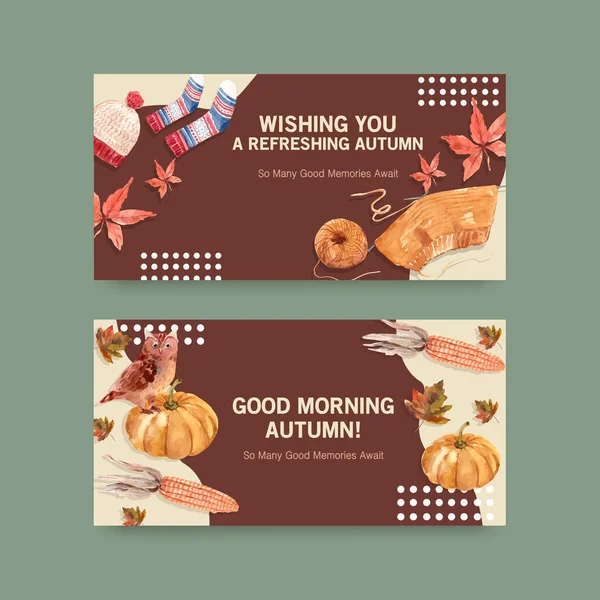 Çevrimiçi topluluk ve sosyal medya suluboya vektör illüstrasyonu için sonbahar günlük konsept tasarımı ile Twitter şablonu