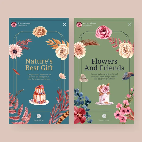 Sosyal medya ve dijital pazarlama suluboya resimleme için sonbahar çiçeği konsepti tasarımı ile Instagram şablonu