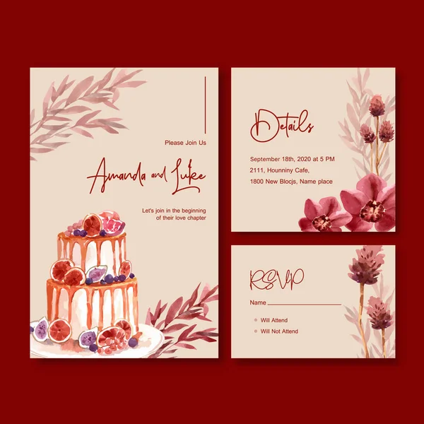 婚卡与秋花概念设计模板和邀请卡水彩画 — 图库矢量图片
