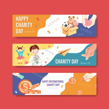  Uluslararası Yardım Günü, suluboya vektör reklamı ile birlikte pankart tasarımı.