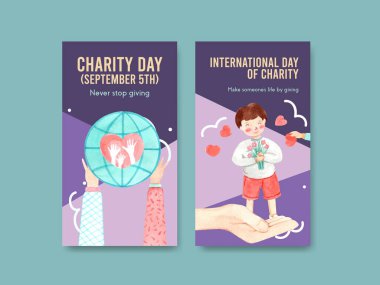  Sosyal medya ve internet suluboya vektörü için Uluslararası Yardım Günü konsepti tasarımı ile Instagram şablonu.