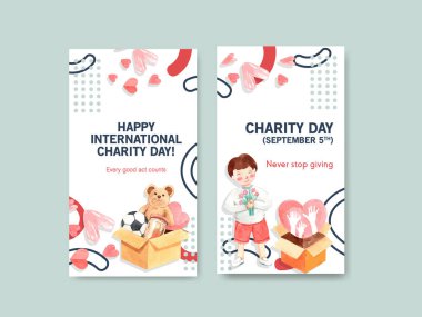  Sosyal medya ve internet suluboya vektörü için Uluslararası Yardım Günü konsepti tasarımı ile Instagram şablonu.