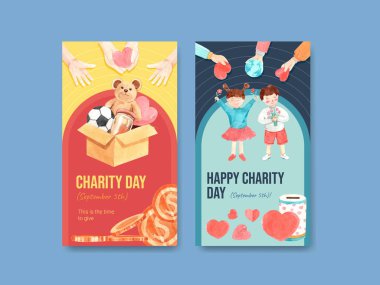  Sosyal medya ve internet suluboya vektörü için Uluslararası Yardım Günü konsepti tasarımı ile Instagram şablonu.