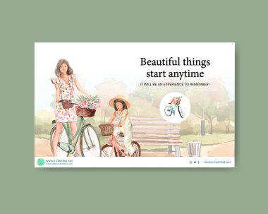 Sosyal medya ve internet suluboya vektörü için Dünya Otomobilsiz Günü konsepti tasarımı ile Facebook şablonu.