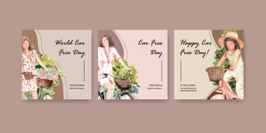 Suluboya vektörü pazarlamak için Dünya Otomobilsiz Günü konsept tasarımı ile reklam şablonu.