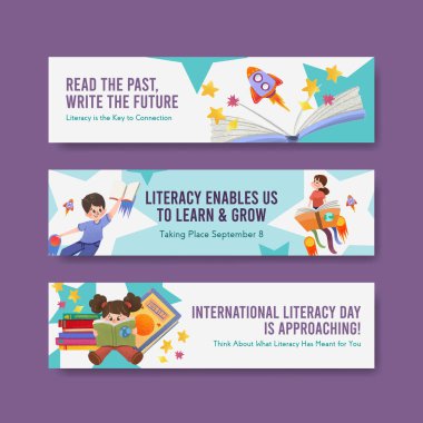 Uluslararası Okuryazarlık Günü pazarlama ve bildiri suluboya vektörü için konsept tasarımı.