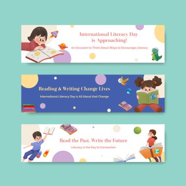 Uluslararası Okuryazarlık Günü pazarlama ve bildiri suluboya vektörü için konsept tasarımı.