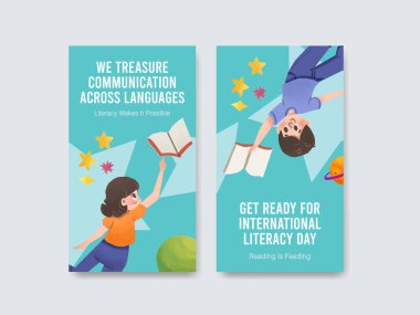 Çevrimiçi pazarlama ve sosyal medya suluboya vektörü için Uluslararası Edebiyat Günü konsept tasarımı ile Instagram şablonu.