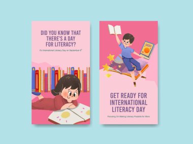 Çevrimiçi pazarlama ve sosyal medya suluboya vektörü için Uluslararası Edebiyat Günü konsept tasarımı ile Instagram şablonu.