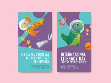 Çevrimiçi pazarlama ve sosyal medya suluboya vektörü için Uluslararası Edebiyat Günü konsept tasarımı ile Instagram şablonu.