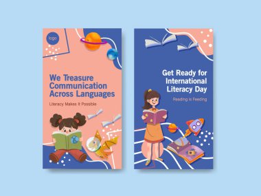 Çevrimiçi pazarlama ve sosyal medya suluboya vektörü için Uluslararası Edebiyat Günü konsept tasarımı ile Instagram şablonu.