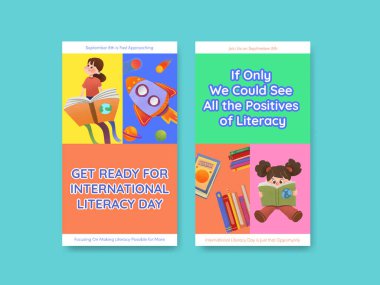 Çevrimiçi pazarlama ve sosyal medya suluboya vektörü için Uluslararası Edebiyat Günü konsept tasarımı ile Instagram şablonu.