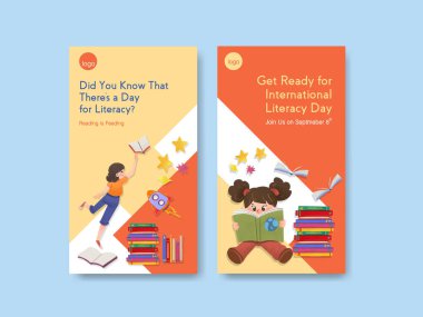 Çevrimiçi pazarlama ve sosyal medya suluboya vektörü için Uluslararası Edebiyat Günü konsept tasarımı ile Instagram şablonu.