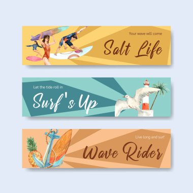 Yaz tatilinde tropikal ve rahatlatıcı suluboya vektör çizimi için plaj dizaynında sörf tahtaları olan pano şablonu