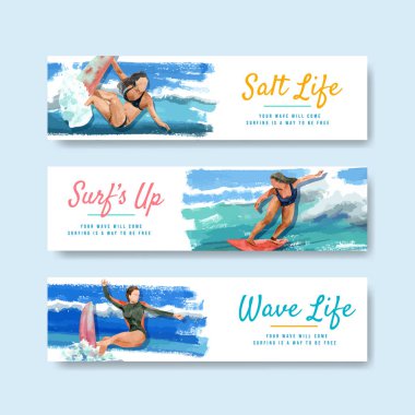 Yaz tatilinde tropikal ve rahatlatıcı suluboya vektör çizimi için plaj dizaynında sörf tahtaları olan pano şablonu