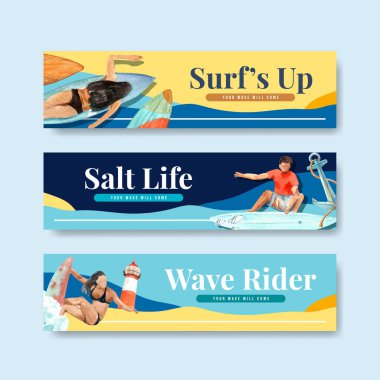 Yaz tatilinde tropikal ve rahatlatıcı suluboya vektör çizimi için plaj dizaynında sörf tahtaları olan pano şablonu