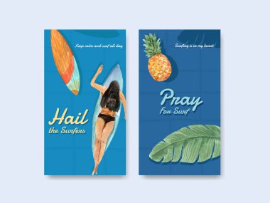 Yaz tatilinde tropikal ve rahatlatıcı suluboya vektör çizimi için plaj tasarımında sörf tahtaları olan Instagram şablonu