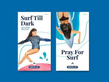 Yaz tatilinde tropikal ve rahatlatıcı suluboya vektör çizimi için plaj tasarımında sörf tahtaları olan Instagram şablonu