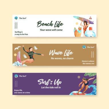 Yaz tatilinde tropikal ve rahatlatıcı suluboya vektör çizimi için plaj dizaynında sörf tahtaları olan pano şablonu
