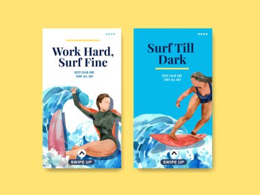 Yaz tatilinde tropikal ve rahatlatıcı suluboya vektör çizimi için plaj tasarımında sörf tahtaları olan Instagram şablonu