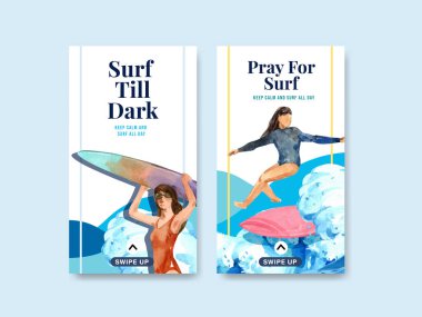 Yaz tatilinde tropikal ve rahatlatıcı suluboya vektör çizimi için plaj tasarımında sörf tahtaları olan Instagram şablonu