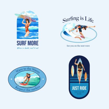 Broşür ve pazarlama suluboya vektör çizimi için plaj tasarımında sörf tahtaları olan logo
