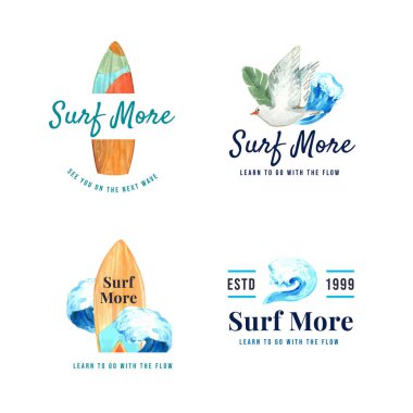 Broşür ve pazarlama suluboya vektör çizimi için plaj tasarımında sörf tahtaları olan logo