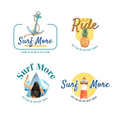 Broşür ve pazarlama suluboya vektör çizimi için plaj tasarımında sörf tahtaları olan logo