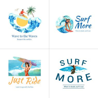 Broşür ve pazarlama suluboya vektör çizimi için plaj tasarımında sörf tahtaları olan logo