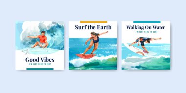 Reklam ve pazarlama suluboya vektör çizimi için plaj tasarımında sörf tahtası şablonu