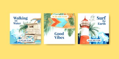 Reklam ve pazarlama suluboya vektör çizimi için plaj tasarımında sörf tahtası şablonu