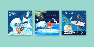 Reklam ve pazarlama suluboya vektör çizimi için plaj tasarımında sörf tahtası şablonu