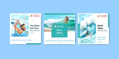 Reklam ve pazarlama suluboya vektör çizimi için plaj tasarımında sörf tahtası şablonu