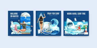 Reklam ve pazarlama suluboya vektör çizimi için plaj tasarımında sörf tahtası şablonu