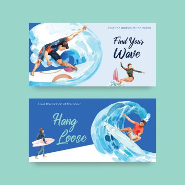 Yaz tatilinde tropikal ve rahatlatıcı suluboya vektör çizimi için plaj tasarımında sörf tahtaları olan Twitter şablonu