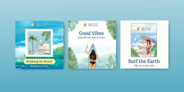 Reklam ve pazarlama suluboya vektör çizimi için plaj tasarımında sörf tahtası şablonu