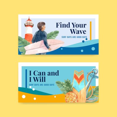 Yaz tatilinde tropikal ve rahatlatıcı suluboya vektör çizimi için plaj tasarımında sörf tahtaları olan Twitter şablonu