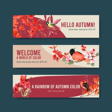 Sonbahar ormanı ve hayvanların broşür ve pazarlama için konsept tasarımı ve suluboya vektörü resimleriyle pankart şablonu