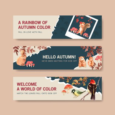 Sonbahar ormanı ve hayvanların broşür ve pazarlama için konsept tasarımı ve suluboya vektörü resimleriyle pankart şablonu