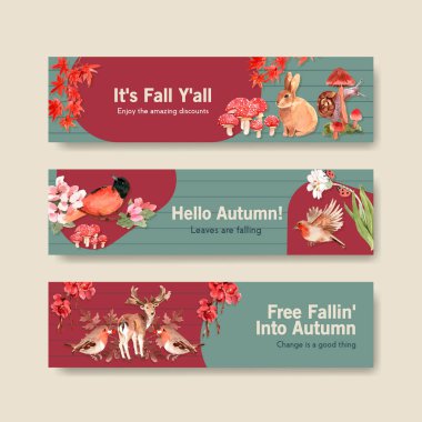 Sonbahar ormanı ve hayvanların broşür ve pazarlama için konsept tasarımı ve suluboya vektörü resimleriyle pankart şablonu