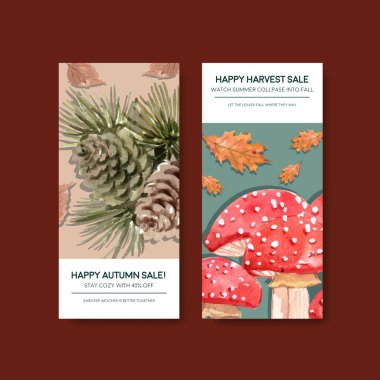 Sonbahar ormanı ve hayvan konsepti broşür ve broşür ve broşür suluboya vektörü çizimleri için el ilanı şablonu