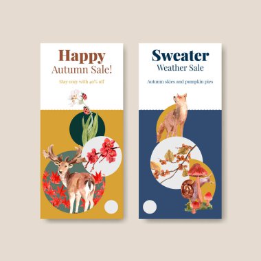 Sonbahar ormanı ve hayvan konsepti broşür ve broşür ve broşür suluboya vektörü çizimleri için el ilanı şablonu