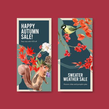 Sonbahar ormanı ve hayvan konsepti broşür ve broşür ve broşür suluboya vektörü çizimleri için el ilanı şablonu